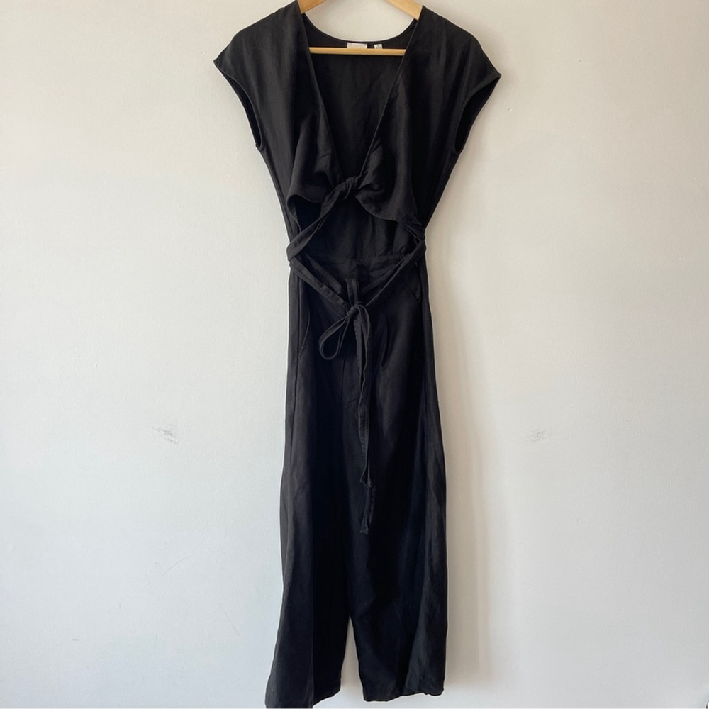 Aritzia Black Sleeveless Jumpsuit linen wide leg wrap top office casual neutral - Picture 4 of 13